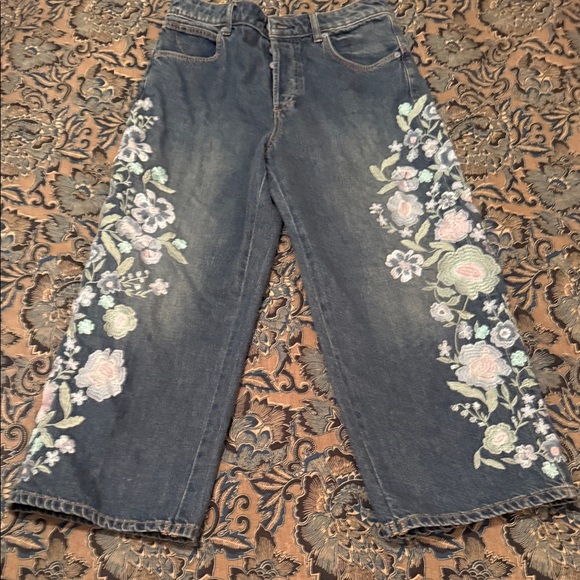 We The Free Denim - We The Free Blue Floral Embroidered Wide Leg Jeans